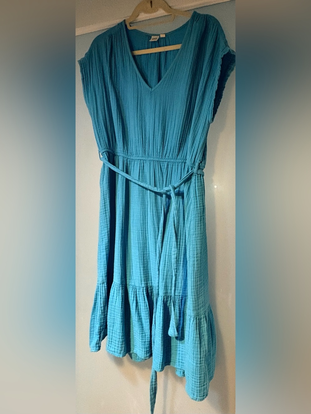 Gap Gauze Cotton Teal V-Neck Women’s Midi Dress with Waist Tie